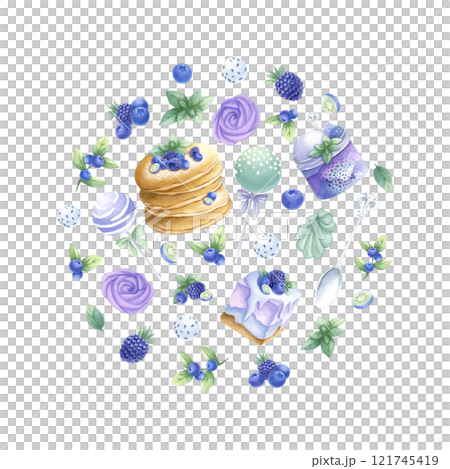 Pancakes, cakes, blueberry, blackberry, marshmallows, cake pops in purple and green colors round composition. Hand draw watercolor isolated illustration for kitchen textile, round tableware and plate. 121745419