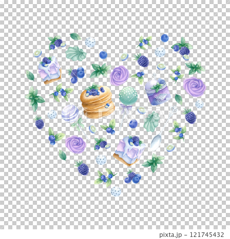 Heart shaped composition with pancakes, cakes, blueberry, blackberry, marshmallows in purple and green colors. Hand draw watercolor isolated illustration for romantic Valentines Day greeting card. Heart shaped composition with pancakes, cakes, blueberry, blackberry, marshmallows in purple and green colors. Hand draw watercolor isolated illustration for romantic Valentines Day greeting card. 121745432