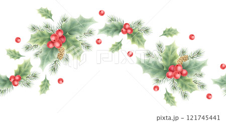 Christmas seamless border with holly, berries, leaves, spruce branch and cones. Hand drawn watercolor isolated greenery illustration for New Year greeting card template, festive package tape, textile. Christmas seamless border with holly, berries, leaves, spruce branch and cones. Hand drawn watercolor isolated greenery illustration for New Year greeting card template, festive package tape, textile. 121745441