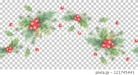 Christmas seamless border with holly, berries, leaves, spruce branch and cones. Hand drawn watercolor isolated greenery illustration for New Year greeting card template, festive package tape, textile. Christmas seamless border with holly, berries, leaves, spruce branch and cones. Hand drawn watercolor isolated greenery illustration for New Year greeting card template, festive package tape, textile. 121745441