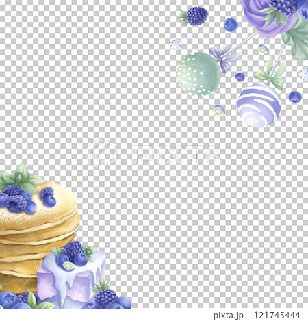 Pancakes, cakes, blueberry, blackberry, cake pops and marshmallows in purple and green color. Hand draw watercolor isolated illustration. Square frame, template with copy space for pastry shop design. 121745444