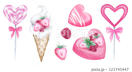 Heart shape pastry with strawberries and raspberry watercolor isolated illustration set. Hand drawn festive cake, ice cream, candy with berries for romantic Valentines Day and confectionery designs. Heart shape pastry with strawberries and raspberry watercolor isolated illustration set. Hand drawn festive cake, ice cream, candy with berries for romantic Valentines Day and confectionery designs. 121745447