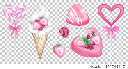 Heart shape pastry with strawberries and raspberry watercolor isolated illustration set. Hand drawn festive cake, ice cream, candy with berries for romantic Valentines Day and confectionery designs. Heart shape pastry with strawberries and raspberry watercolor isolated illustration set. Hand drawn festive cake, ice cream, candy with berries for romantic Valentines Day and confectionery designs. 121745447