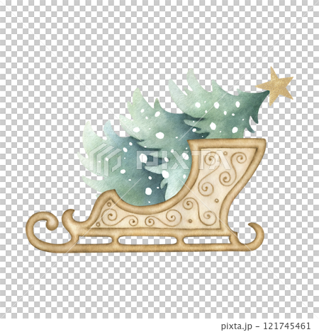 Christmas wooden sled with fir and with ornately patterned. Spruce snow-covered with golden star. Hand drawn watercolor isolated illustration for New Year greeting cards, festive packaging and design. 121745461