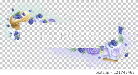 Pancakes, cakes, blueberry, blackberry, ice cream and marshmallows. Stains and splashes. Hand draw watercolor isolated illustration. Horizontal rectangular frame with copy space for bakery design. Pancakes, cakes, blueberry, blackberry, ice cream and marshmallows. Stains and splashes. Hand draw watercolor isolated illustration. Horizontal rectangular frame with copy space for bakery design. 121745465