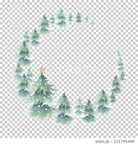 Christmas spruces snow-covered with golden star. Hand drawn watercolor fir trees illustration, round wreath, greeting card template isolated from background with copy space for text for New year. Christmas spruces snow-covered with golden star. Hand drawn watercolor fir trees illustration, round wreath, greeting card template isolated from background with copy space for text for New year. 121745466