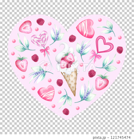 Heart shaped composition with ice cream, cake, strawberry, raspberry, candy, beads in pastel red and pink colors. Hand draw watercolor isolated illustration for romantic Valentines Day greeting card. Heart shaped composition with ice cream, cake, strawberry, raspberry, candy, beads in pastel red and pink colors. Hand draw watercolor isolated illustration for romantic Valentines Day greeting card. 121745474