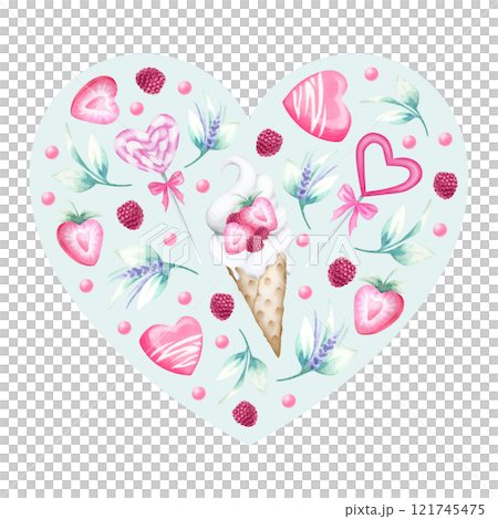 Heart shaped composition with ice cream, cake, strawberry, raspberry, candy, beads in pastel red and pink colors. Hand draw watercolor isolated illustration for romantic Valentines Day greeting card. Heart shaped composition with ice cream, cake, strawberry, raspberry, candy, beads in pastel red and pink colors. Hand draw watercolor isolated illustration for romantic Valentines Day greeting card. 121745475