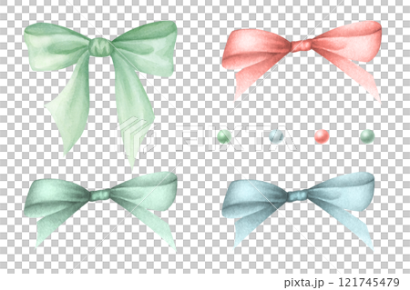 Bows and beads in pastel green, red and blue colors. Hand drawn watercolor illustration set coquette style isolated from background for festive packaging paper, textile, wrapping, wedding designs. 121745479