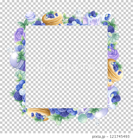 Pancakes, cakes, blueberry, blackberry, ice cream, marshmallows, cake pops and whipped cream. Hand draw watercolor isolated illustration. Square frame with copy space for text for bakery design. 121745493