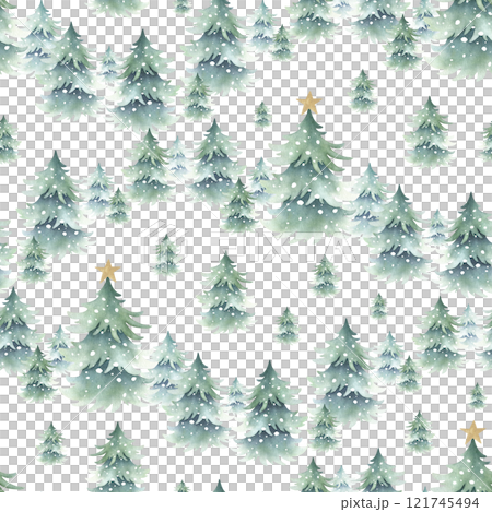 Christmas spruces snow-covered with festive golden star decoration, forest winter landscape. Hand drawn watercolor isolated seamless pattern for New Year festive packing paper, fabric and textile. Christmas spruces snow-covered with festive golden star decoration, forest winter landscape. Hand drawn watercolor isolated seamless pattern for New Year festive packing paper, fabric and textile. 121745494