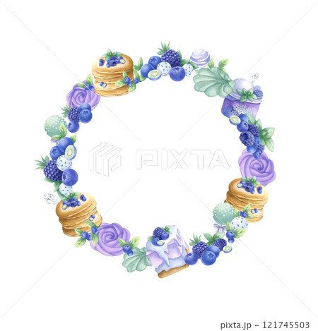 Pancakes, cakes, blueberry, blackberry, marshmallows, cake pops in purple and green colors round wreath. Hand draw watercolor isolated illustration with copy space for text for round tableware, plate. 121745503