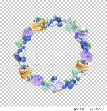 Pancakes, cakes, blueberry, blackberry, marshmallows, cake pops in purple and green colors round wreath. Hand draw watercolor isolated illustration with copy space for text for round tableware, plate. 121745503