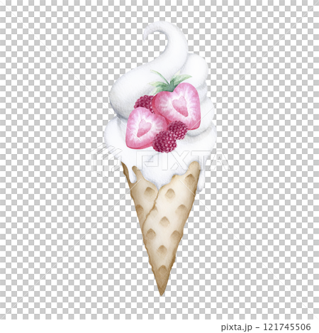 Ice cream with strawberries and raspberry watercolor isolated illustration. Hand drawn waffle cone with heart shaped strawberries cut in half for romantic Valentines Day and confectionery designs. 121745506