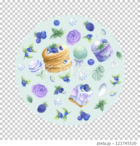 Pancakes, cakes, blueberry, blackberry, marshmallows, cake pops in purple and green colors round composition. Hand draw watercolor illustration on mint for kitchen textile, round tableware and plate. Pancakes, cakes, blueberry, blackberry, marshmallows, cake pops in purple and green colors round composition. Hand draw watercolor illustration on mint for kitchen textile, round tableware and plate. 121745520