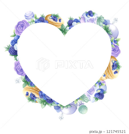 Pancakes, cakes, blueberry, blackberry, marshmallows in purple and green colors. Watercolor isolated illustration. Hand draw heart shape frame, template with copy space for text for Valentines Day. 121745521