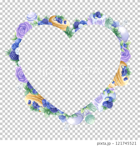 Pancakes, cakes, blueberry, blackberry, marshmallows in purple and green colors. Watercolor isolated illustration. Hand draw heart shape frame, template with copy space for text for Valentines Day. 121745521