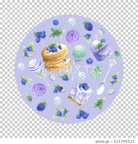 Pancakes, cakes, blueberry, blackberry, marshmallows, cake pops in purple and green colors round composition. Hand draw watercolor illustration on lilac for kitchen textile, round tableware and plate. Pancakes, cakes, blueberry, blackberry, marshmallows, cake pops in purple and green colors round composition. Hand draw watercolor illustration on lilac for kitchen textile, round tableware and plate. 121745522