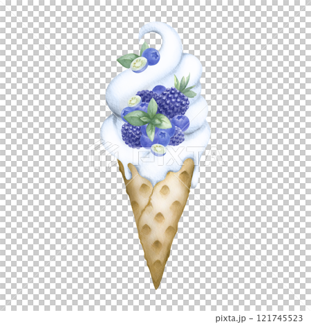 Ice cream with mint, blueberry and blackberry isolated from background. Hand drawn watercolor illustration delicious dessert for logo confectionery, kitchen textile, food packaging, recipes, cookbook. Ice cream with mint, blueberry and blackberry isolated from background. Hand drawn watercolor illustration delicious dessert for logo confectionery, kitchen textile, food packaging, recipes, cookbook. 121745523