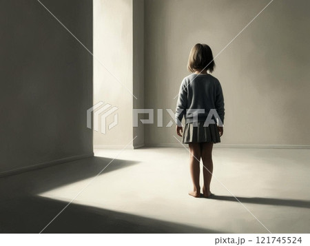 暗い部屋に立っている寂しそうな女の子供の後ろ姿 121745524