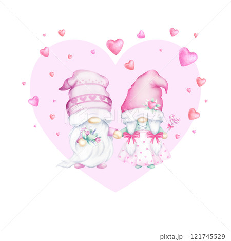 Couple of gnomes in love with bouquet against heart in red, pink and green colors. Hand draw watercolor isolated illustration for romantic Valentines Day greeting card, invitation and weddings design. Couple of gnomes in love with bouquet against heart in red, pink and green colors. Hand draw watercolor isolated illustration for romantic Valentines Day greeting card, invitation and weddings design. 121745529
