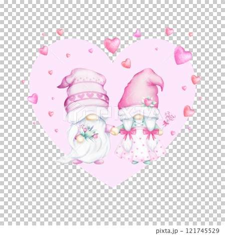 Couple of gnomes in love with bouquet against heart in red, pink and green colors. Hand draw watercolor isolated illustration for romantic Valentines Day greeting card, invitation and weddings design. Couple of gnomes in love with bouquet against heart in red, pink and green colors. Hand draw watercolor isolated illustration for romantic Valentines Day greeting card, invitation and weddings design. 121745529