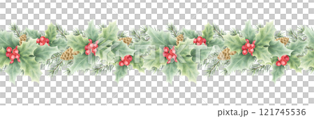 Christmas seamless border with holly, berries, leaves, spruce branch and cones. Hand drawn watercolor isolated illustration. Banner for New Year greeting card template, festive packaging and textile. 121745536
