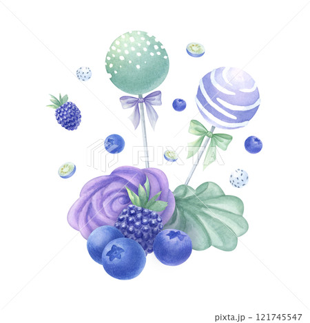 Marshmallows and cake pops with blueberry, blackberry and mint. Hand drawn watercolor isolated illustration delicious desserts in purple and green colors with flying berries for food design. Marshmallows and cake pops with blueberry, blackberry and mint. Hand drawn watercolor isolated illustration delicious desserts in purple and green colors with flying berries for food design. 121745547