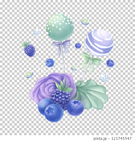 Marshmallows and cake pops with blueberry, blackberry and mint. Hand drawn watercolor isolated illustration delicious desserts in purple and green colors with flying berries for food design. Marshmallows and cake pops with blueberry, blackberry and mint. Hand drawn watercolor isolated illustration delicious desserts in purple and green colors with flying berries for food design. 121745547
