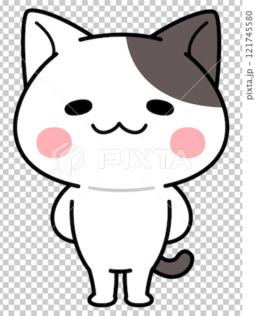 後ろ手で立つぶち猫のキャラクターのイラスト素材 [121745580