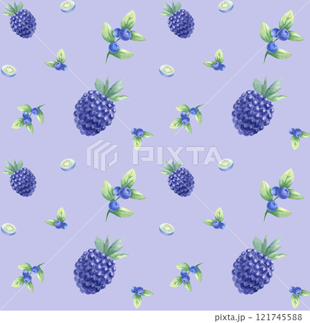 Blueberry and blackberry watercolor seamless pattern. Hand drawn illustration juicy wild berries bilberry and dewberry on lilac for kitchen textile, fabric, food packaging, healthy food and recipes. 121745588