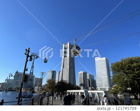 Yokonhama cable car with skyscrapers in the background in Japan 121745709