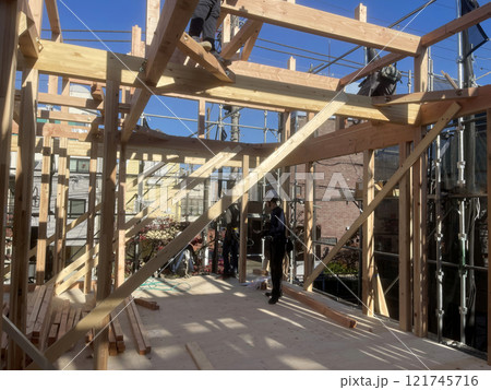 Framing home unfinished wood building or a house under construction in Japan Framing home unfinished wood building or a house under construction in Japan 121745716