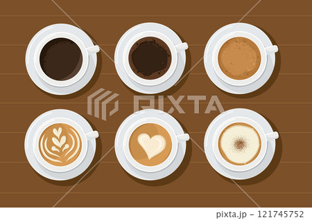 Top view Hot coffee in white cups. vector illustration Top view Hot coffee in white cups. vector illustration 121745752