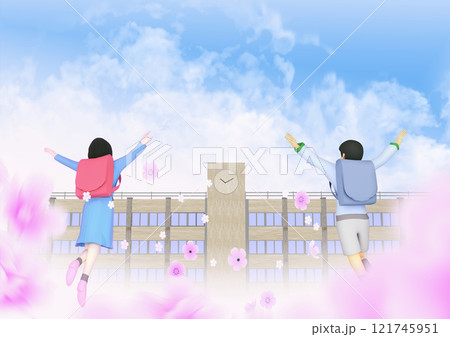 希望に満ちた新学期を迎えて喜ぶ女の子と男の子　文字入れ用背景素材 121745951