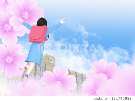 希望に満ちた新学期を迎えて喜ぶ女の子　文字入れ用背景素材 121745952