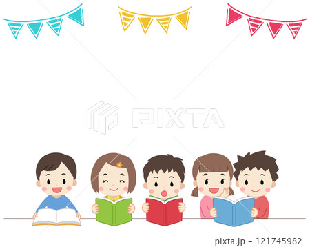 読書をする子供たちとガーランドのフレーム素材イラスト 121745982