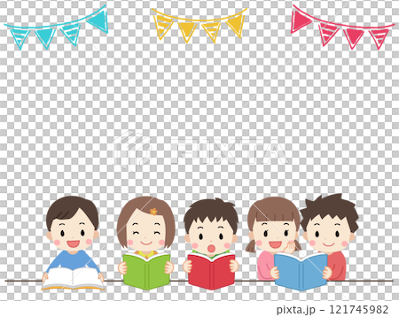 兒童閱讀與花環框架素材插畫 121745982