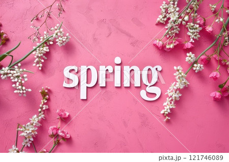 The word spring is surrounded by pink and white flowers. AI-generated content. 121746089