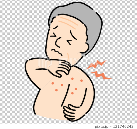 痒い背中に困る裸の男性のイラスト 121746242