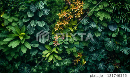 Lush green wall filled with tropical plants, eco, bio concept background. Generative AI 121746356