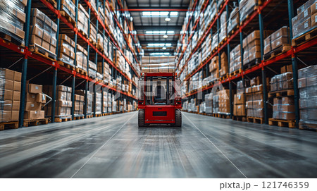 Red forklift navigating through a busy warehouse filled with stacked boxes. Generative AI 121746359