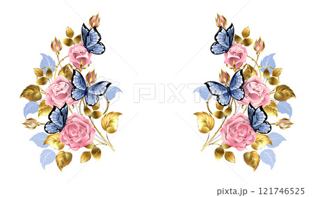 Symmetrical frame with pink roses and butterflies 121746525
