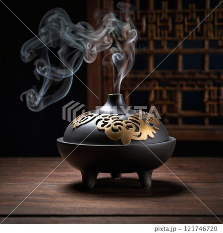 Elegant incense burner with smoke on wooden table.  121746720