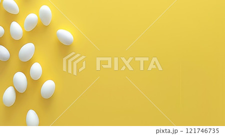 A collection of white eggs placed on a bright yellow background. AI-generated content. 121746735