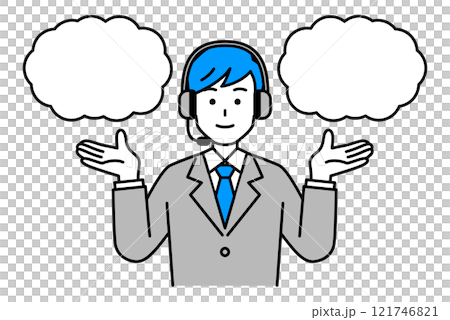 Male operator wearing a headset offering two options Male operator wearing a headset offering two options 121746821