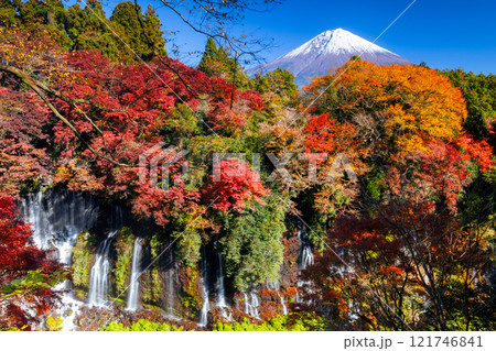 静岡県富士宮市上井出　世界遺産の富士山を背景に紅葉モミジが鮮やかな白糸の滝の景色 121746841
