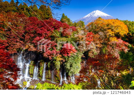 静岡県富士宮市上井出　世界遺産の富士山を背景に紅葉モミジが鮮やかな白糸の滝の景色 121746843