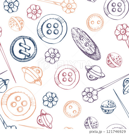 Plastic wooden flat round buttons fasteners. Hand drawn ink vector illustration sewing craft supplies. Seamless pattern, wallpaper isolated on white background. Design atelier, tailor, hobby shop Plastic wooden flat round buttons fasteners. Hand drawn ink vector illustration sewing craft supplies. Seamless pattern, wallpaper isolated on white background. Design atelier, tailor, hobby shop 121746929