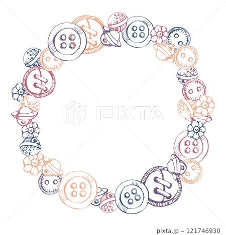 Wooden round plastic buttons for clothes, sewing craft supplies for decoration. Hand drawn ink vector illustration. Isolated wreath frame. Design atelier, tailor, hobby shop, fashion boutique 121746930